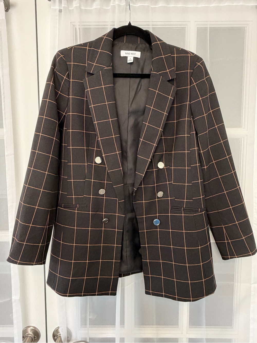 Nine West Women's Black Brown Windowpane Double-Breasted Blazer
